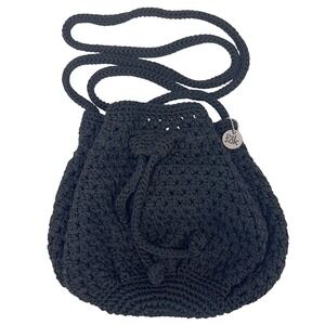 The Sak Black Crochet Drawstring Bucket Crossbody Bag Charm Y2K Goth Vintage